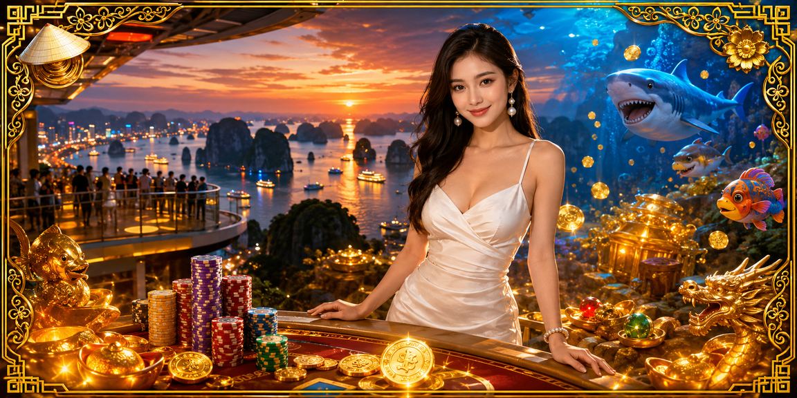 Người dùng trải nghiệm casino app trên vịnh Hạ Long với cảnh thiên nhiên hùng vĩ